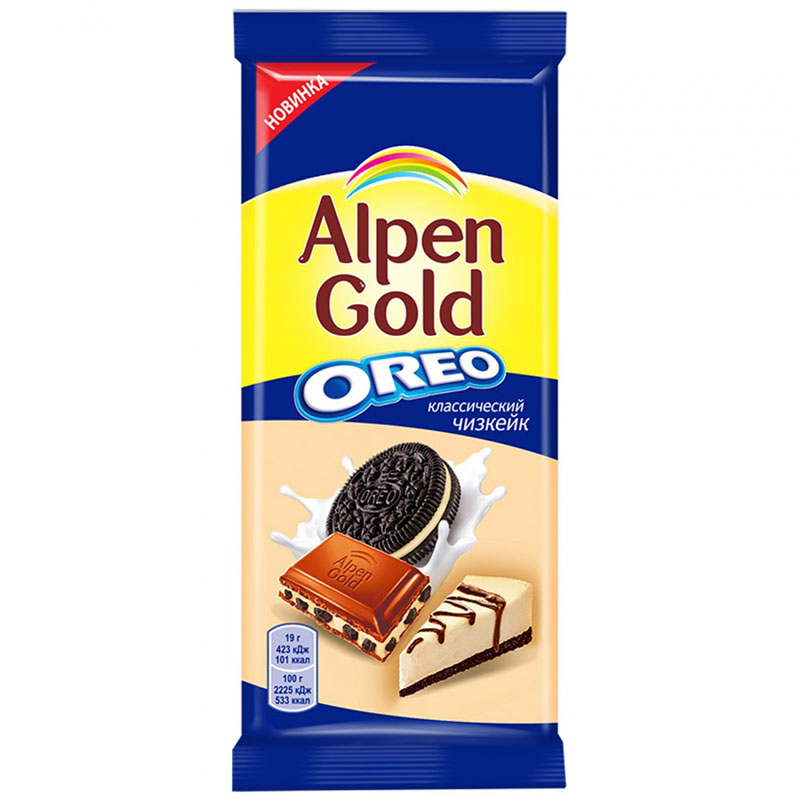 Шоколад Альпен Гольд молочный орео с начинкой чизкейк с кусочками печенья 0,09 гр.