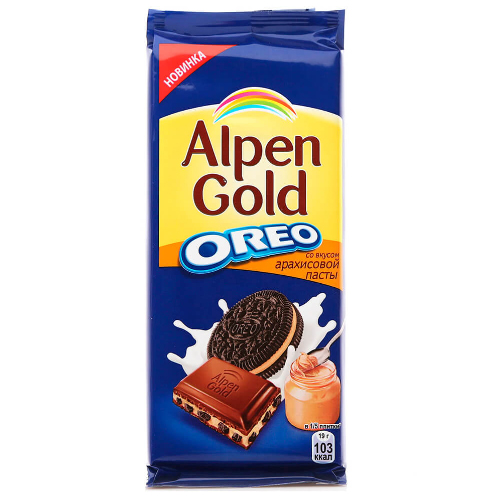 Шоколад Альпен Гольд молочный орео со вкусом арахисовой пасты и кусочками печенья 0,095 гр.